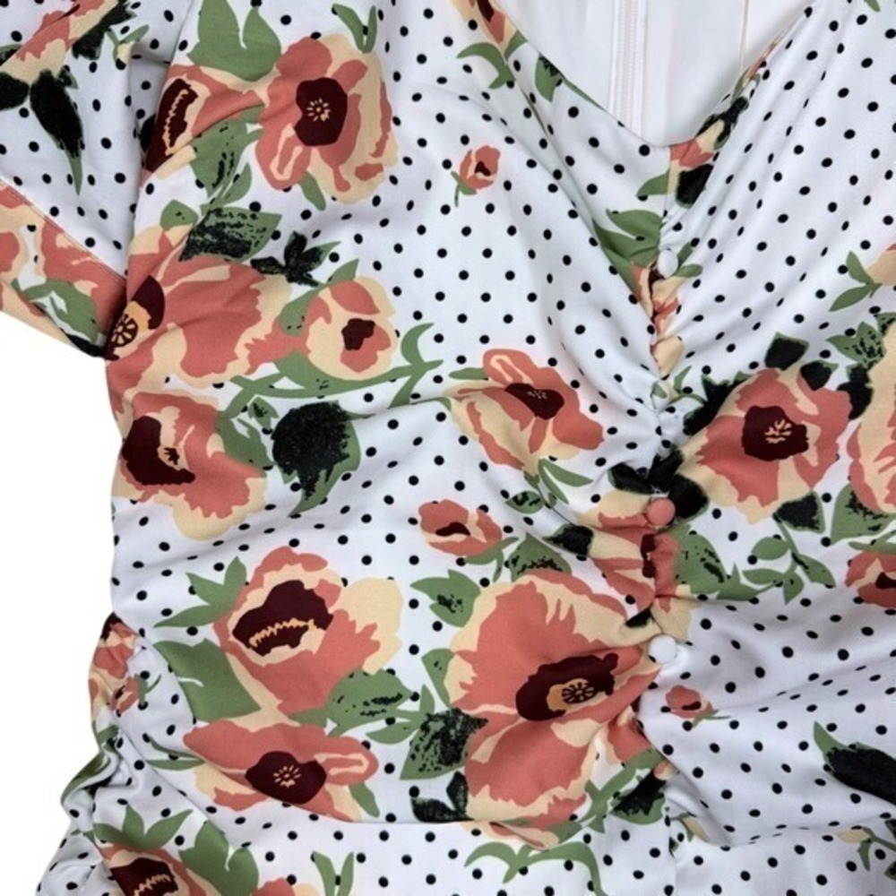 NWT Lavish‎ Alice Polka Dot Floral Ruched Puff Sleeve Mini Dress White 14 - Picture 3 of 7